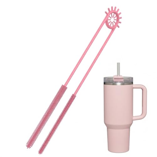 2-in-1 Dual-Ended Silicone Straw Cleaner Brush, Extra Long Reusable Straw Brush for Narrow Metal & Wide Smoothie Straws, Soft Bendable Cleaning Tool for Tumblers, 6mm + 9mm, Pink