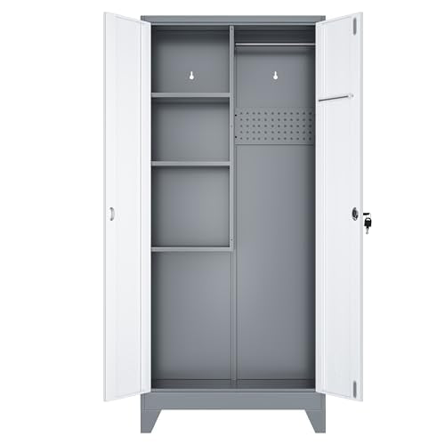61" Metal Storage Cabinet with Lockable Doors, Cleaning Supply Cabinet with Pegboard and Hanging Rod. Garage Tool Storage Cabinets for Home, Laundry, Office, Home Kitchen Utility Cabinet - size: 61" Cabinet White & Gray