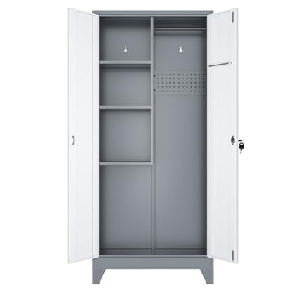 61" Metal Storage Cabinet with Lockable Doors, Cleaning Supply Cabinet with Pegboard and Hanging Rod. Garage Tool Storage Cabinets for Home, Laundry, Office, Home Kitchen Utility Cabinet - size: 61" Cabinet White & Gray