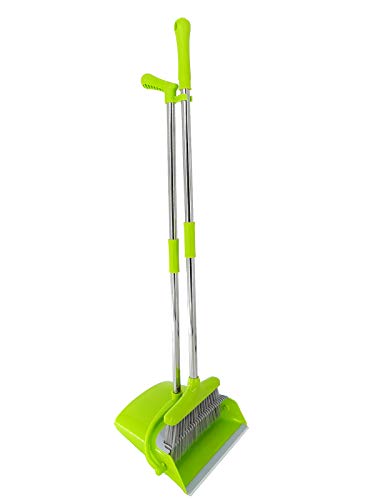 Extendable Long Handle Broom and Dustpan Set, Stainless Lightweight Upright Standing Broom and Dustpan Combo for Kitchen Lobby Office Living Room Household Indoor or Outside (Green) - color: Green