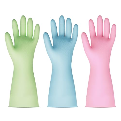 BOOMJOY PVC Cleaning Gloves, Reusable Dishwashing Gloves, Medium Gloves for Kitchen, Bathroom, Gardening, Working, Pet Care - Pink & Blue & Green, 3 Pairs, Size M - color: Green+blue+pink, size: Medium (3 Pairs)