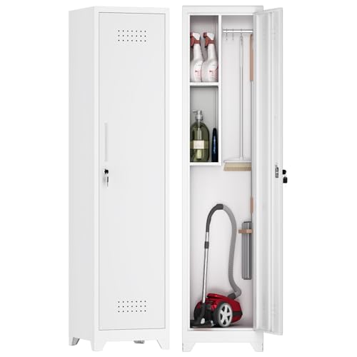 GREATMEET Slim Storage Cabinets, Metal Garage Cabinet with Shelves and Hanging Rod, White Utility Cabinet with Locking Door, Slim Cabinet for Small Spaces Cleaning Supplies, Shop - color: White, size: 65"H-1 Door