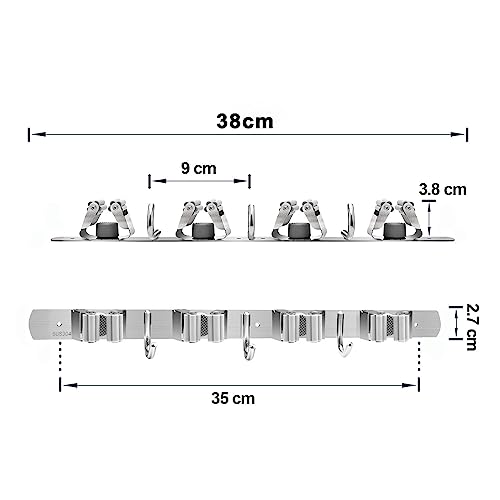Mop and Broom Holder, 3 Positions 4 Hooks Heavy Duty Hanger Wall Mounted Stainless Steel Organizer for Holders, Home Laundry Bathroom, Garage Storage System Utility Tools Rack Storage, Grey