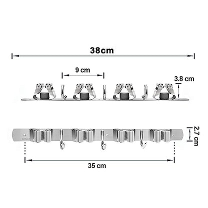 Mop and Broom Holder, 3 Positions 4 Hooks Heavy Duty Hanger Wall Mounted Stainless Steel Organizer for Holders, Home Laundry Bathroom, Garage Storage System Utility Tools Rack Storage, Grey