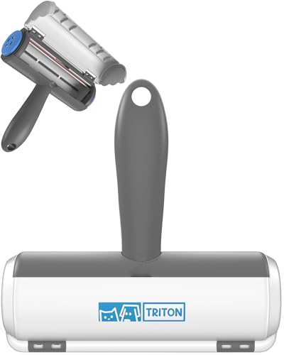 Triton Pet Hair Removal Tool w/Fur Trapping Compartment and Detachable Handle, 60% Smaller Storage Size, Reusable Shedding Roller, Cat and Dog Hair Remover for Car, Furniture, Carpet (Gray/White) - color: Gray/White, size: Large
