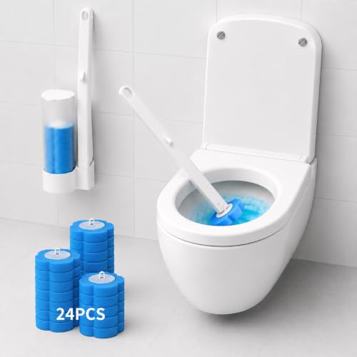 Disposable Toilet Brush with 24 Refills | Touch-Free Cleaning Wand, Built-in Detergent, Wall Mount Holder, For Toilet Bowl Sink Bathtub