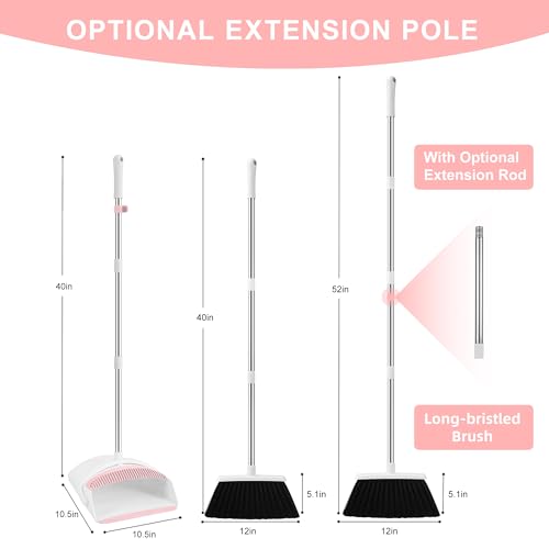 Broom with Dustpan Combo Set for Home, 52-in Long Adjustable Handle Angle Broom and Dustpan Set with Dustpan Comb Teeth for Sweeping Pet Hair Food Dirt Kitchen (White-Pink) - color: White-pink