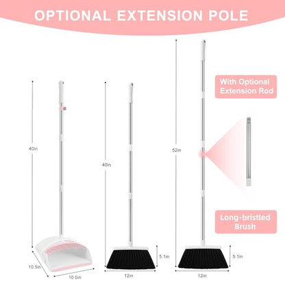 Broom with Dustpan Combo Set for Home, 52-in Long Adjustable Handle Angle Broom and Dustpan Set with Dustpan Comb Teeth for Sweeping Pet Hair Food Dirt Kitchen (White-Pink) - color: White-pink