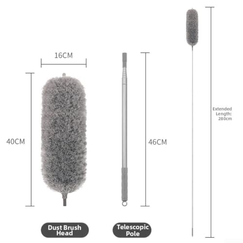 Microfiber Retractable with Telescopic for Prime Ceilings Extendable Duster Handle Grey Washable Electrostatic Dusting Tool Flexible Head 280cm(2.8M) - size: 2.8M