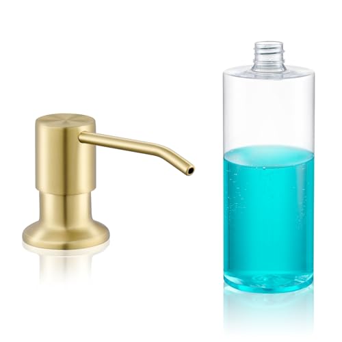 Built in Soap Dispenser for Kitchen Sink Countertop, Brushed Gold Stainless Steel Soap Dispenser Pump Head Refill from the Top with 11 Ounce Transparent Soap Bottle - color: Gold