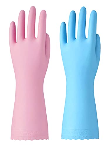 Bamllum Rubber Cleaning Gloves - 2 Pairs Latex Free Kitchen Cleaning Gloves with Cotton Liner- Household Dishwashing Gloves, Non- Slip Waterproof (Large, Blue+Pink) - color: Blue+pink, size: Large