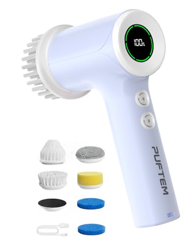 PUFTEM Shower Scrubber, Electric Spin Scrubber for Bathroom Cleaning – Cordless Shower Cleaner Brush with 6 Brush Heads, Dual-Direction Rotation, for Grout, Tile, Tub, Sink & Corners, Purple - color: Purple