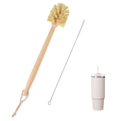 Long Handle Bottle Brush,Wooden Cleaning Brush with Straw Brush,Built for Stanley Cup, Sports Bottles and Coffee Mugs