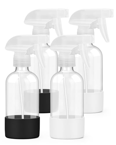 Worldgsb 4 Pack Glass Spray Bottles 8 oz, Empty Refillable Containers with Silicone Sleeve Protection, Glass Spray Bottles for Cleaning Solutions, Hair and Plants with Adjustable Nozzles Black&White - color: Black&White*2