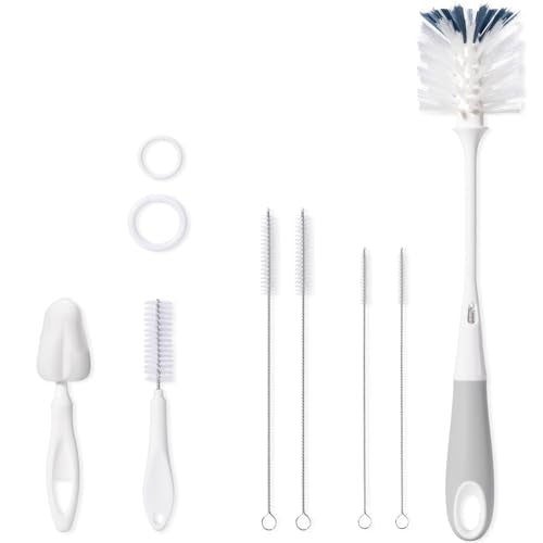 7 Pack Baby Bottle Brush Set, 12.7" Nylon Brush with Hidden Cleaner, 5.4" Nylon & 5.7" Sponge Nipple Brushes, 4 Straw Brushes, 2 Hanging Rings, BPA-Free, Gray - color: Gray