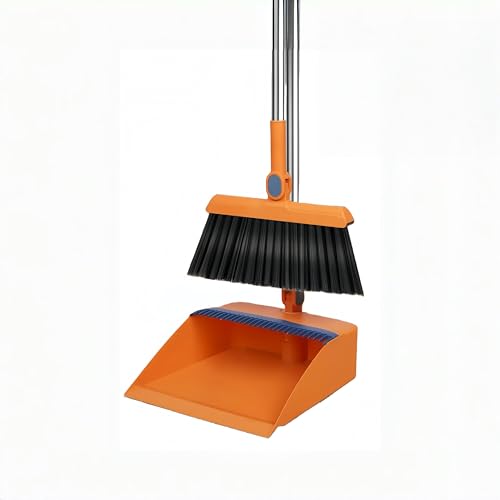 2-in-1 Broom with Dustpan Combo Set,Long Handle Broom Dustpan Combo with Dustpan Teeth to Automatically Clean Hair for Home, Indoor or Outdoor Cleaning Hall Floor (Orange) - color: Orange