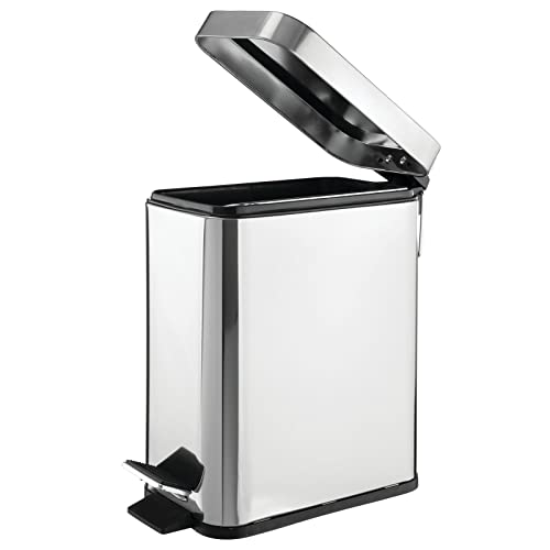 mDesign Small Modern 1.3 Gallon Rectangle Metal Lidded Step Trash Can, Compact Garbage Bin with Removable Liner Bucket and Handle for Bathroom, Kitchen, Craft Room, Office, Garage - Chrome - color: Chrome, size: 1.3 Gallon