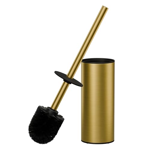 FORIOUS Toilet Brush and Holder Set, 304 Stainless Steel Long Handle and Heavy Duty Base for Bathroom Deep Cleaning, Drip-Proof, Space Saving for Storage, 2 Toilet Bowl Brush Head, Dark Gold - color: Brushed Gold (Round)
