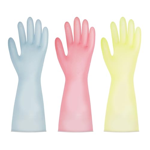 BOOMJOY PVC Cleaning Gloves, Heavy Duty Dishwashing Gloves, Reusable Medium Gloves for Kitchen, Bathroom, Gardening, Working, Pet Care - Pink & Blue & Yellow, 3 Pairs, Size M - color: Blue+pink+yellow, size: Medium (3 Pairs)