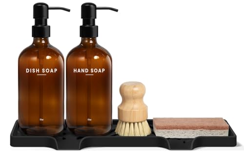 Kitchen Soap Dispenser Set - Dish Soap Dispenser for Kitchen with Self Drain Tray, 17oz Glass Bottle, Stainless Steel Pump, Sponge, and Dish Brush- Amber - color: Amber Bottle + Black Pump