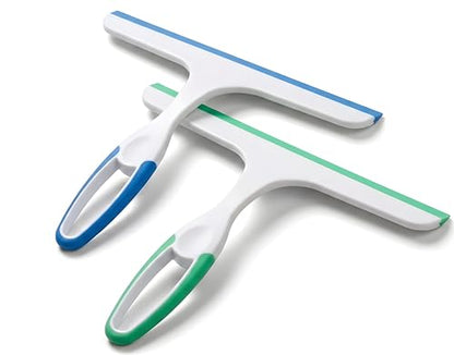 2 Pack Shower Squeegee for Glass Doors – 9.5” Silicone Blade Window Cleaner Tool (Blue & Green) – Bathroom, Car Windshield, Mirror & Tile Cleaning Wiper with Hook – Lightweight Ergonomic Handle