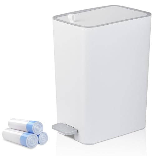 rejomiik Small Bathroom Trash Can with Lid, 2.1 Gallon Step Garbage Can with Handle, Slim Mini Wastebasket Bin for Bedroom, Office, Dorm, White - color: White, size: 2.1 Gallon