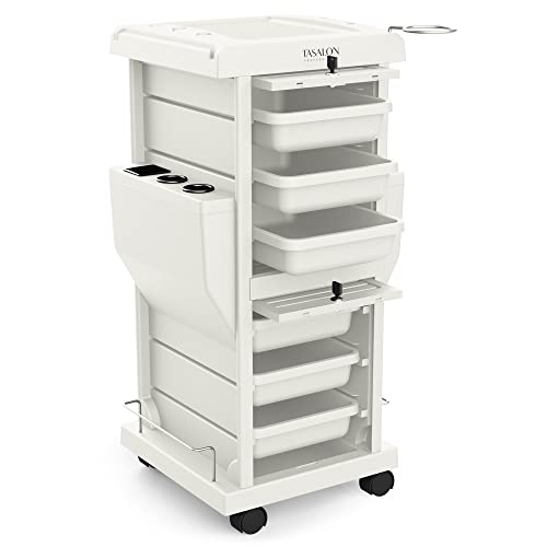 TASALON Salon Trolley Cart with Lock, 6 Lockable Trays + 2 Holders, Rolling Storage Cart for Hair Salon, Beauty, Barber Station - White - color: White