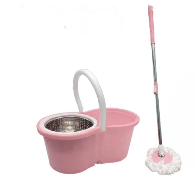 Universal Spin Mop and Bucket System with Stainless Steel Wringer - Heavy-Duty Floor Cleaning Kit Includes 4 Microfiber Mop Head Refills and Extendable Handle, Pink and White, Single Pack