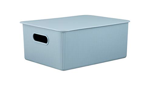 Superio Ribbed Collection - Decorative Plastic Basket Open Home Storage Bins Organizer, Blue Container Boxes for Organizing Closet Storage Bins for Shelves (Bin with Lid- Large (15 Liter), 1 Pack) - color: Blue, size: 15 L