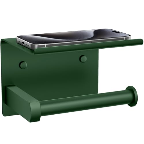 Tindbea Toilet Paper Holder with Shelf Adhesive or Screw Wall Mounted Toilet Paper Roll Dispenser Storage, Stainless Steel Bathroom Shelf Holder Accessories (Forest Green) - color: J-forest Green