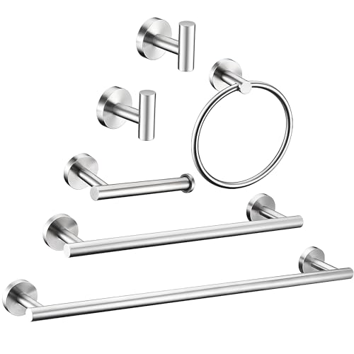 6 Pieces Brushed Nickel Bathroom Hardware Accessories Set Hand Towel Ring 16&23.6 inch Round Towel Bar Silver Toilet Paper Holder Towel Hooks 2 Pieces SUS 304 Stainless Steel,Heavy Duty,Wall Mounted - color: Brushed Nickel, size: 6 piece 24"