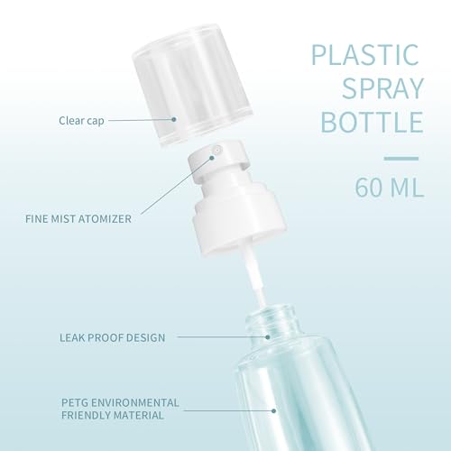 9 Pcs Travel Spray Bottle 60ml/2oz Leak Proof Fine Mist Spray Bottles Empty Mini Makeup Face Spray Bottle Clear Refillable Travel Containers for Perfume Cosmetic Essential Oil, 3 Color(120pcs Labels) - size: 9 Pcs - 2 oz