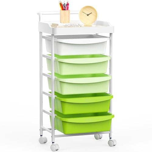 Five Drawer Rolling Cart, Craft Organizers and Storage for Home Office Classroom, Plastic Drawer Storage With Handle, Utility Cart With Removable Drawers for Tools, Toys and craft materials(Green) - color: Green