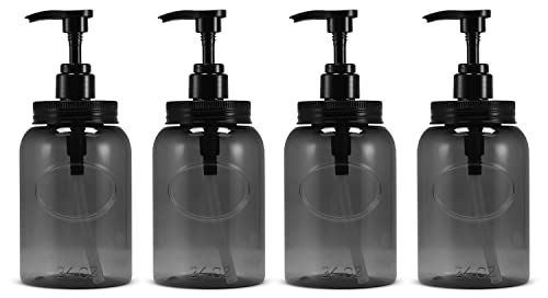 24 oz Wide Mouth Plastic Bottle Dispensers, Gray, Set of 4 | Pump containers, high-viscosity, lotion pumps, easy refills, refillable, reusable, thick plastic - color: Gray