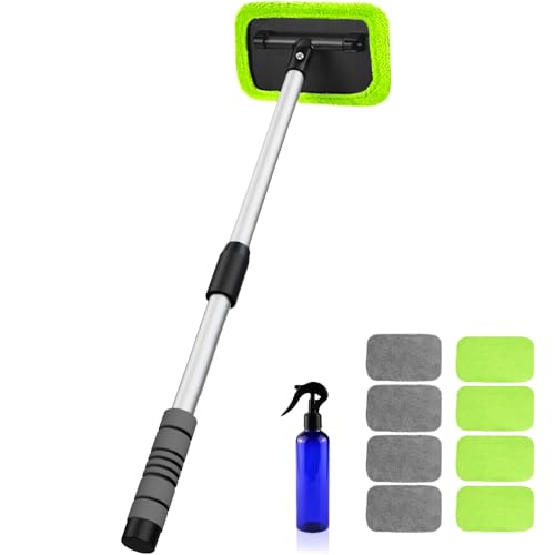 XINDELL Windshield Cleaner Tool – Car Window Cleaning Tool 27inch Extendable Long Handle for Easy Cleaning, 9pcs Reusable Microfiber Pads, Streak-Free Interior & Exterior Auto Glass Cleaner (Green) - size: 27in