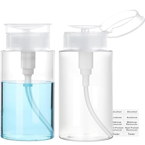 Push Down Pump Dispenser, 6.8oz Clear Pump Bottles with Alcohol, Acetone, Nail Polish Remover, Makeup Remover, Toner Stickers Empty Push Top Container for Liquid (200ml-2Pack) - size: 200ml-2pack