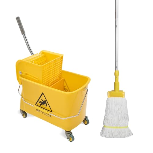 Midoneat Mop Bucket with Wringer, 22 Qt (5.5 Gallon), Handle, Wheels,Floor Cleaning, 16.5" L x 10.6" W x 26.4" H, Yellow,Add One Cotton Mop - size: 22