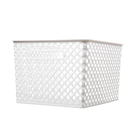 Large White Decorative Plastic Storage Basket - Heavy-Duty, Stackable, Dustproof with Handles for Living Room, Closet & Home Organization