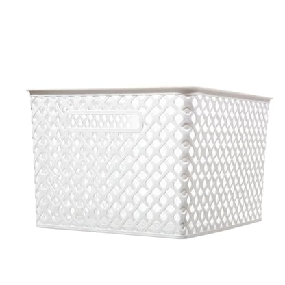 Large White Decorative Plastic Storage Basket - Heavy-Duty, Stackable, Dustproof with Handles for Living Room, Closet & Home Organization