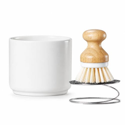 ONEMORE Bamboo Dish Brush with Ceramic Foaming Base, Kitchen Sink Scrub Brush Set with Spring and Mesh Insert, Wooden Handle Dishwashing Brush for Pots Pans Plates Bowls, White - color: White