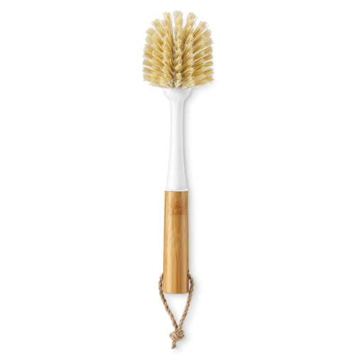 SUBEKYU Dish Brush with Bamboo Handle, Kitchen Dish Scrubber Built-in Scraper, Scrub Brush for Cleaning Pans/Pots/Sinks, Sisal Bristles, 2P - color: Wide 2p
