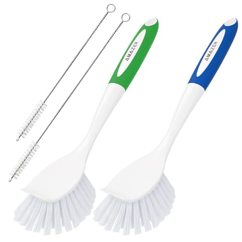 Amazer 4 Pack Dish Brush with Handle, Kitchen Scrub Brushes for Cleaning, Straw Cleaner Brushes for Water Bottle, Dish Scrubber with Stiff Bristles for Sink - color: Blue+green, size: 4 Pack