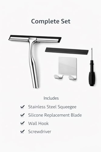 MOVAN Shower Squeegee for Glass Doors with Replacement Silicone Blade – 304 Stainless Steel Frame, 10 Inch, Streak-Free Bathroom Window Wiper with Adhesive Hook, Black