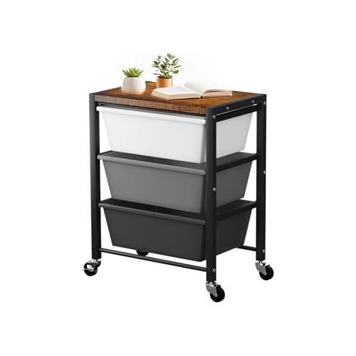 Rolling Cart with 3 Drawers, Plastic Drawer Storage Carts with Lockable Wheels & Wooden Tabletop, Metal Utility Cart Organizer, Office Bedroom Classroom Craft Organization and Storage, Dark Grey - color: Dark Grey, size: 3-drawer