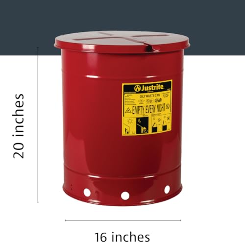 Justrite 14 Gallon Galvanized Steel Oily Waste Can, 20" x 16" Metal Oil Rag Safety Can with Hand Operated Self-Closing Lid for Oil Rag Disposal, Made in The USA, Red, 09510 - color: Red, size: 14 Gallon, style: Hand-Operated Lid