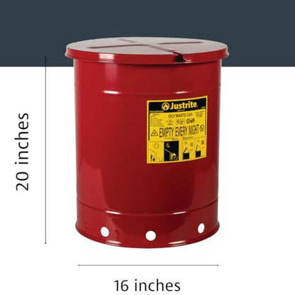 Justrite 14 Gallon Galvanized Steel Oily Waste Can, 20" x 16" Metal Oil Rag Safety Can with Hand Operated Self-Closing Lid for Oil Rag Disposal, Made in The USA, Red, 09510 - color: Red, size: 14 Gallon, style: Hand-Operated Lid