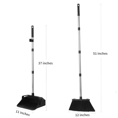 Tiumso 3-Pack Upright Broom with Dustpan Combo Set, Commercial Broom and Dustpan Set, Industrial Brooms and Dust Pan with Long Handle for Restaurant Kitchen Shop Warehouse Lobby Garage - Black - color: All Black