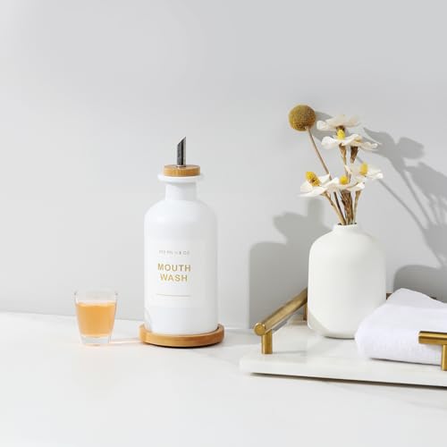 11.8OZ Mouthwash Dispenser for Bathroom with Bamboo & Stainless Steel Pour Spout, Mouthwash Cup Reusable, Bamboo Tray, and Elegant Gold Label. （White - color: White/350*1