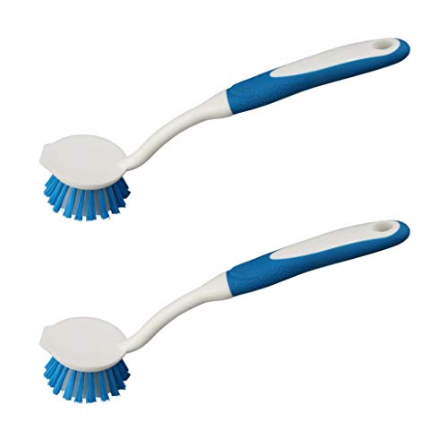 2-Pack Kitchen Round Scrub Brush for Cleaning Dishes Pots Pan Sink and Bathroom with Comfortable Long Handle