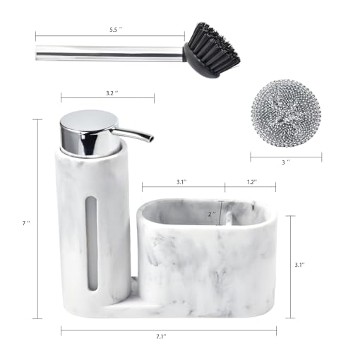 Soap Dispenser with Sponge Holder, Kitchen Soap Dispenser Pump, Sponge Caddy and Brush Holder 3 in 1 Set Organizer for Sink Countertop, Rustproof（White） - color: White